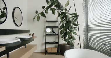 A stylish and contemporary bathroom featuring dual vessel sinks, a large freestanding tub, black metal shelving, and an indoor plant bringing a touch of nature indoors. Modern Bathroom Interior