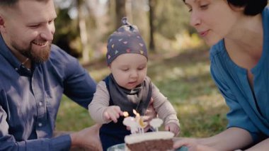 A young family with a baby celebrates a birthday at a sunny outdoor picnic, complete with a birthday cake and smiles. Young Family Celebrates Babys Birthday with Outdoor Picnic