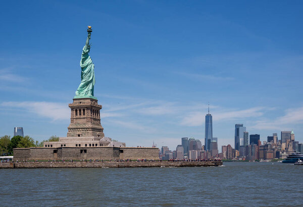 Statue of Liberty and Manhattan Skyline from Statue Cruise, New York, United States