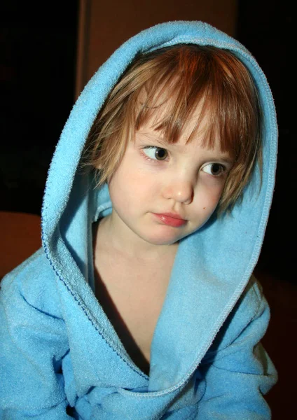 Thoughtful Little Girl Blue Bathrobe Hood Close — Stock Photo, Image