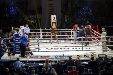 Brovary. Ukrayna, 14.11.2015 ring kızı ile onu geri boks halka içinde duruyor ve bir afiş yazıtlı - 3 yuvarlak tutar. Yüzüğü köşelerinde boksörler ile onların eğitmenler vardır