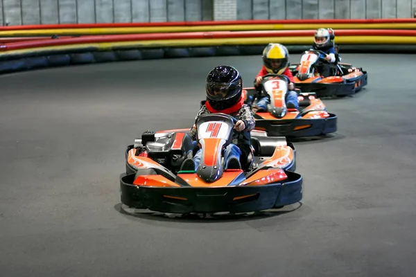 Brovary Ukraine 2010 Children Helmets Karts Karting Track Indoors — Stock Photo, Image