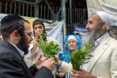 Uman, Ukrayna, 13.09.2015 Yahudi erkekler tarihinde Yahudi tatil Rosh Hashanah kutlama ellerinde yeşil otlar ile Kippahs içinde sakallı