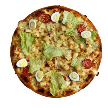 Lahana, Bıldırcın yumurta, kızarmış ekmek üzerinde beyaz izole lezzetli pizza