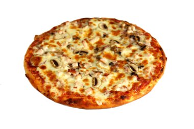 Güzel pizza mantar ile üzerine beyaz izole et füme