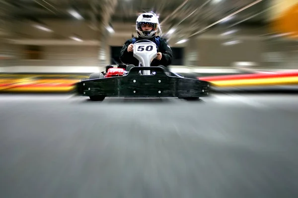 Man Helmet Kart Moves Karting Track — Stock Photo, Image