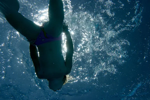 Scuba Diver Body Underwater Silhouettes Sun — Stock Photo, Image