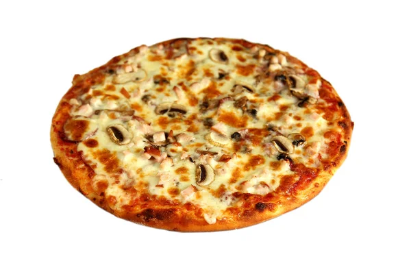 Güzel pizza mantar ile üzerine beyaz izole et füme