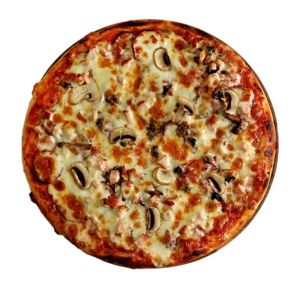 Leckere Pizza Mit Meeresfrüchten Auf Holzständer Isoliert Auf Weiß — Stockfoto