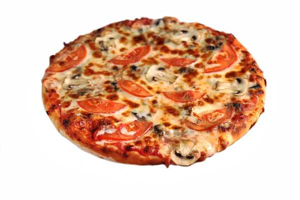 Leckere Pizza Mit Pilzen Tomaten Isoliert Auf Weiß — Stockfoto