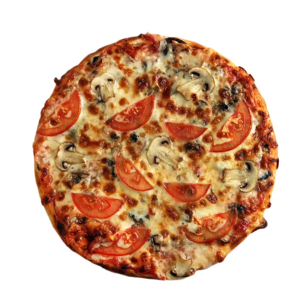 Leckere Pizza Mit Pilzen Tomaten Isoliert Auf Weiß — Stockfoto
