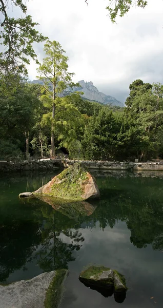 ヤルタ クリミア自治共和国 Nikitsky 植物園 池の真ん中に石で庭の池 — ストック写真