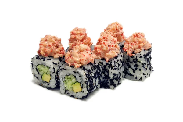 Sushi Roll Row California Maki Roll Sushi Caviar Black Plate — Stock Photo, Image