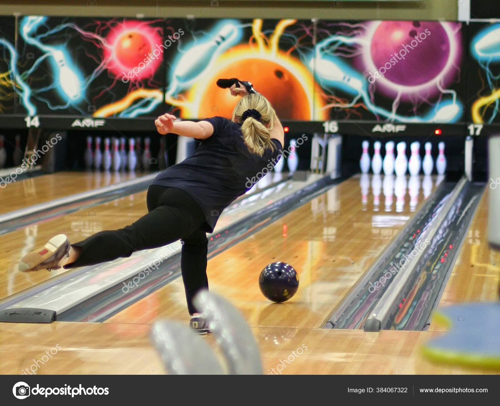 Woman Throws Bowling Ball Track Order Knock Pins Stock Photo by ©977_ReX_977 384067322