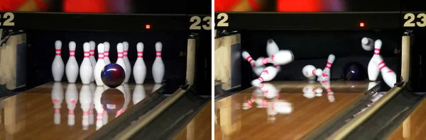 Blue ball knocks down all bowling pins and knocks out a strike. Panoramic image, which is composed of two photos before and after the impact.