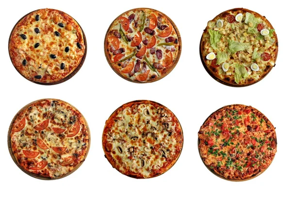 Seis Pizzas Para Menú Camarones Aceitunas Salchichas Caza Pimiento Picante — Foto de Stock
