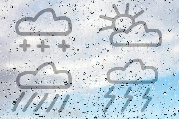 Figura Cuatro Símbolos Meteorológicos Dibujados Con Dedo Vidrio Empañado Lluvia — Foto de Stock