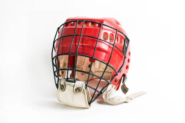 Old Hockey Helmet Red Color Protective Iron Mask White Background — Stock Photo, Image