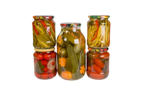 Several Glass Jars Canned Vegetables Isolated White Background Homemade Blanks — Stock Photo, Image