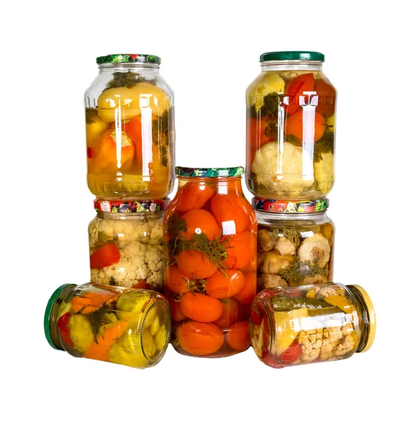 Several Glass Jars Canned Vegetables Isolated White Background Homemade Blanks — Stock Photo, Image