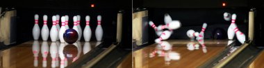 Blue ball knocks down all bowling pins and knocks out a strike. Panoramic image, which is composed of two photos before and after the impact. clipart