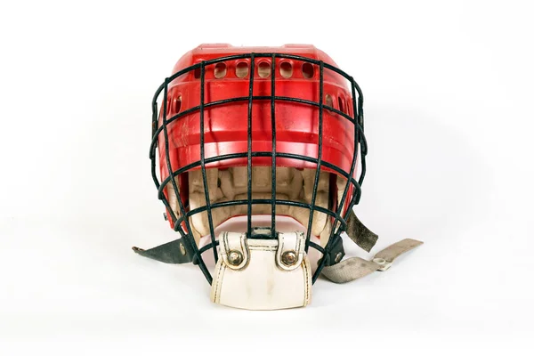 Old Hockey Helmet Red Color Protective Iron Mask White Background — Stock Photo, Image