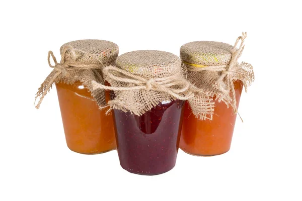 Several Glass Jars Red Yellow Jam Lid Top Tied Coarse Stock Photo