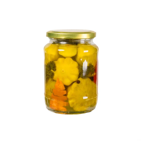 Canned Squash Glass Jar Dill Carrots Sweet Peppers Beautifully Figuratively — Stock Photo, Image