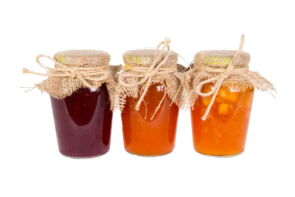 Several Glass Jars Red Yellow Jam Lid Top Tied Coarse Royalty Free Stock Photos
