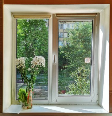 Beyaz pencere, pencere pervazı. Camdan yeşil ağaçları görebiliyorsun. Yaz sabahı.