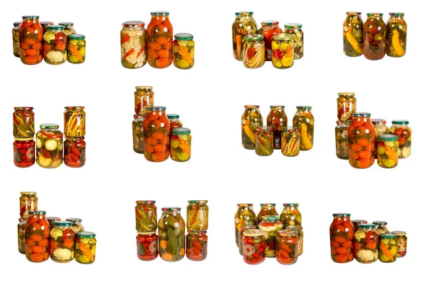 Set Glass Jars Canned Vegetables White Background — Stock Photo, Image