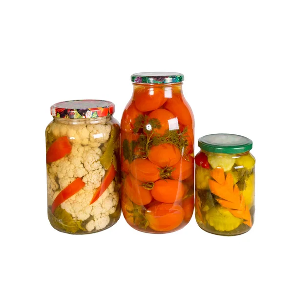 Canned Vegetables Glass Jars Isolated White Background Tomatoes Squash Cauliflower — Stock Photo, Image