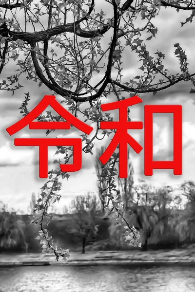 令和時代の令和時代 木の枝や空の黒い白い背景に日本の次の時代 日本語の文章は令和 — ストック写真