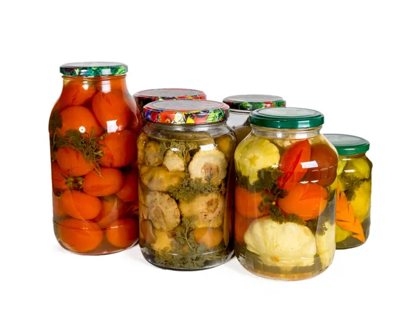 Several Glass Jars Canned Vegetables Isolated White Background Homemade Blanks — Stock Photo, Image