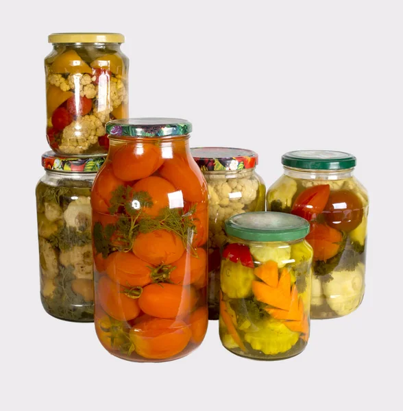 Several Glass Jars Canned Vegetables Isolated White Background Homemade Blanks — Stock Photo, Image
