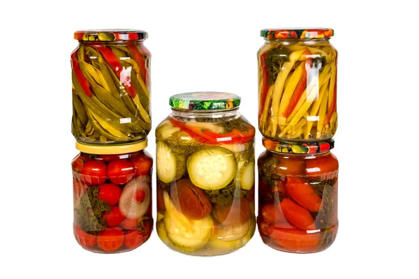 Several Glass Jars Canned Vegetables Isolated White Background Homemade Blanks — Stock Photo, Image