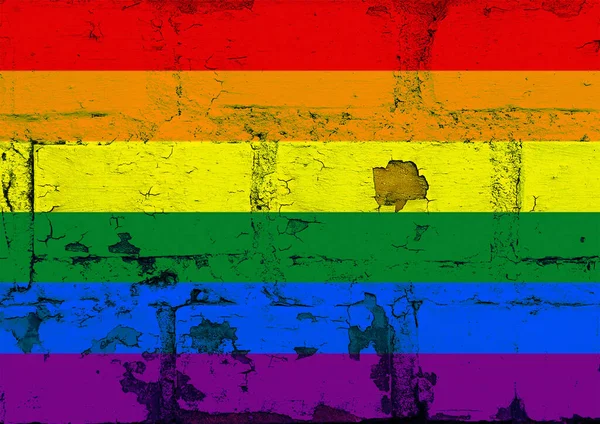 Bandera Lgbt Sobre Fondo Pared Ladrillo Grietas Pintura Vieja — Foto de Stock