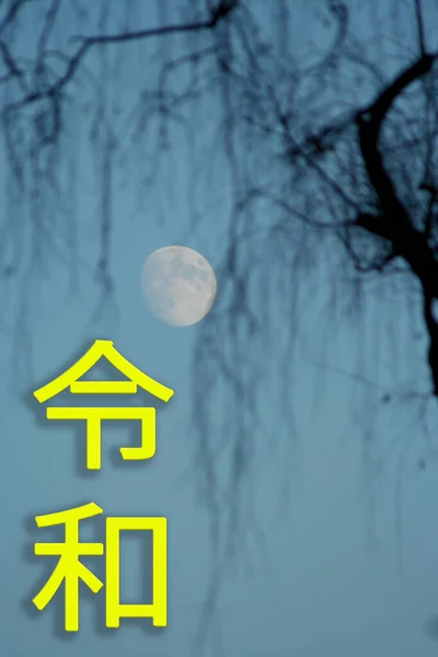 令和時代の令和時代 日本の次の時代は 木の枝や空の月を背景に 日本語の文章は令和 — ストック写真