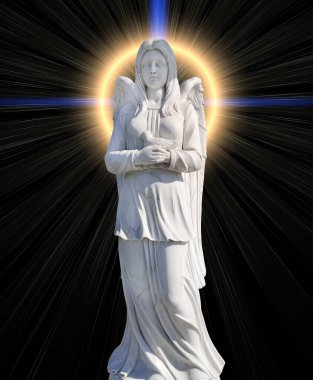 Mezarlık anıtı, haç şeklinde mistik bir ışığın arka planında beyaz bir melek şeklinde.