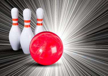 Bowling oynuyor. Bowling topu ve bowling lobutları arka planda güzel beyaz ışınlar. Yazıtın için yer aç. Boşluğu kopyala