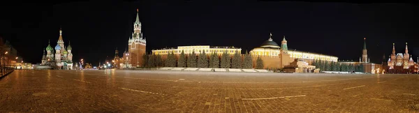 Panorama Red Square in Moscow at night in Russia. St. Basil's Cathedral, Lenin's mausoleum, historical museum, Moscow Kremlin Wall, Spasskaya tower