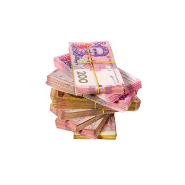 Lastik bir bantla bağlanmış bir tomar para. Beyaz arka planda izole edilmiş Ukrayna para birimi Hryvnia.