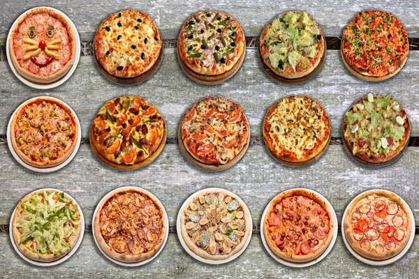 Set Pizzas Sobre Fondo Madera Imagen Comida Rápida Para Tarjeta —  Fotos de Stock
