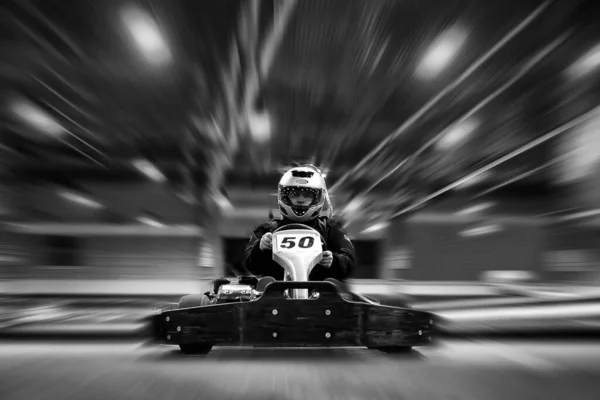 Man Going Kart Karting Track Indoors Black White Image Wearing — Stock Photo, Image