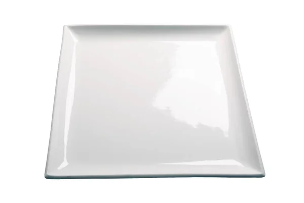 Witte Vierkante Plaat Geïsoleerd Een Witte Achtergrond Zijaanzicht — Stockfoto