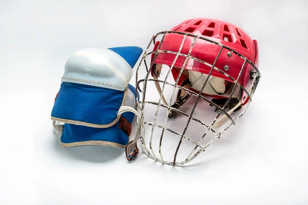 Old Hockey Helmet Gloves Puck White Background Isolated — Stock Photo, Image