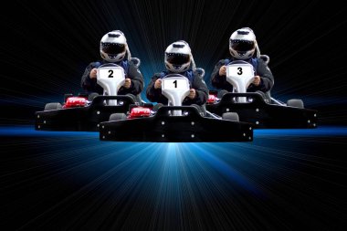 Go kart indoor, cart racing fast, car where gokarting, we speed racing, racers banner. Three riders Go kart speed rive indoor racing on a blue background with rays. Copy space. clipart