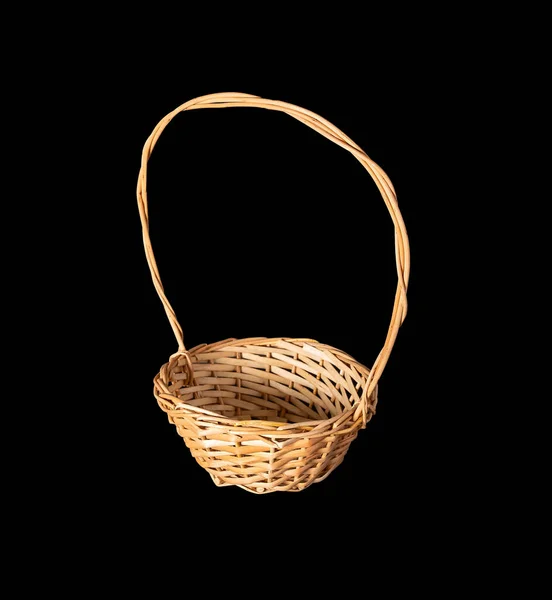Wooden Flower Basket High Handle Made Twigs Isolated Black Background — Stock Photo, Image