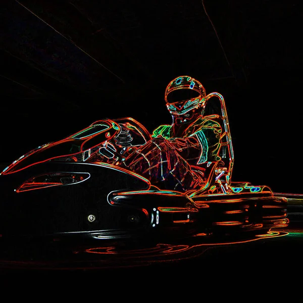 Neon Racer Auf Einem Gokart Sitzend Platz Für Eine Inschrift — Stockfoto