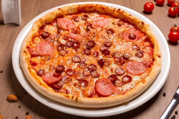 Pizza Super Meat Thin Cake Tomato Sauce Beef Balyk Ham — Stock Photo, Image